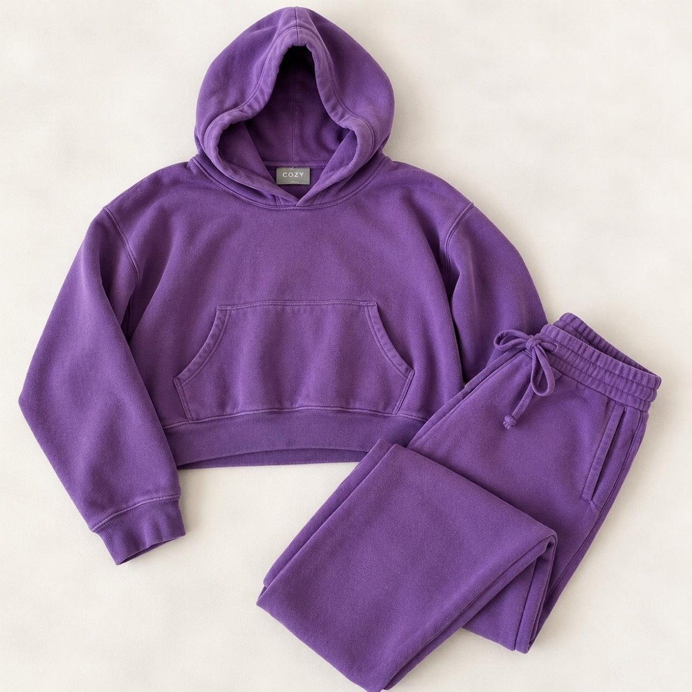 Aritzia TNA Cozy Fleece Purple Cropped Hoodie + Jogger Set — XL/L